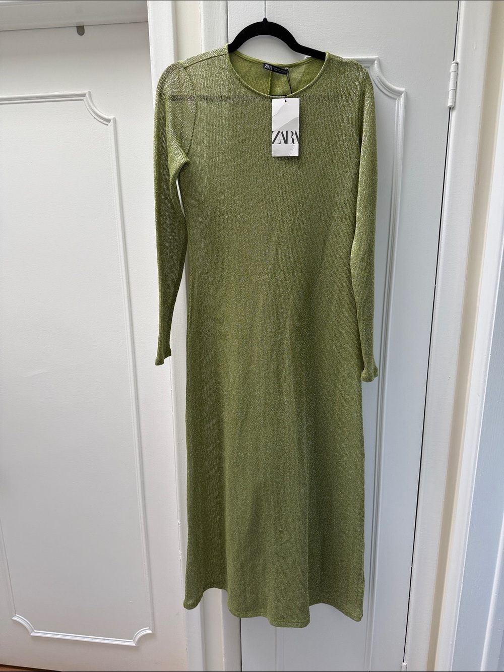 Zara Metallic Olive Long Sleeve Midi Dress